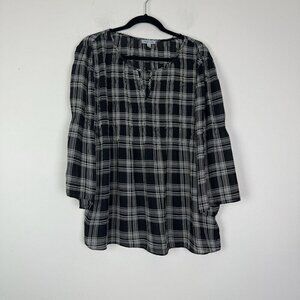Floral & Ivy Black White Plaid Sheer 3/4 Sleeve Keyhole Neck Top Size Medium